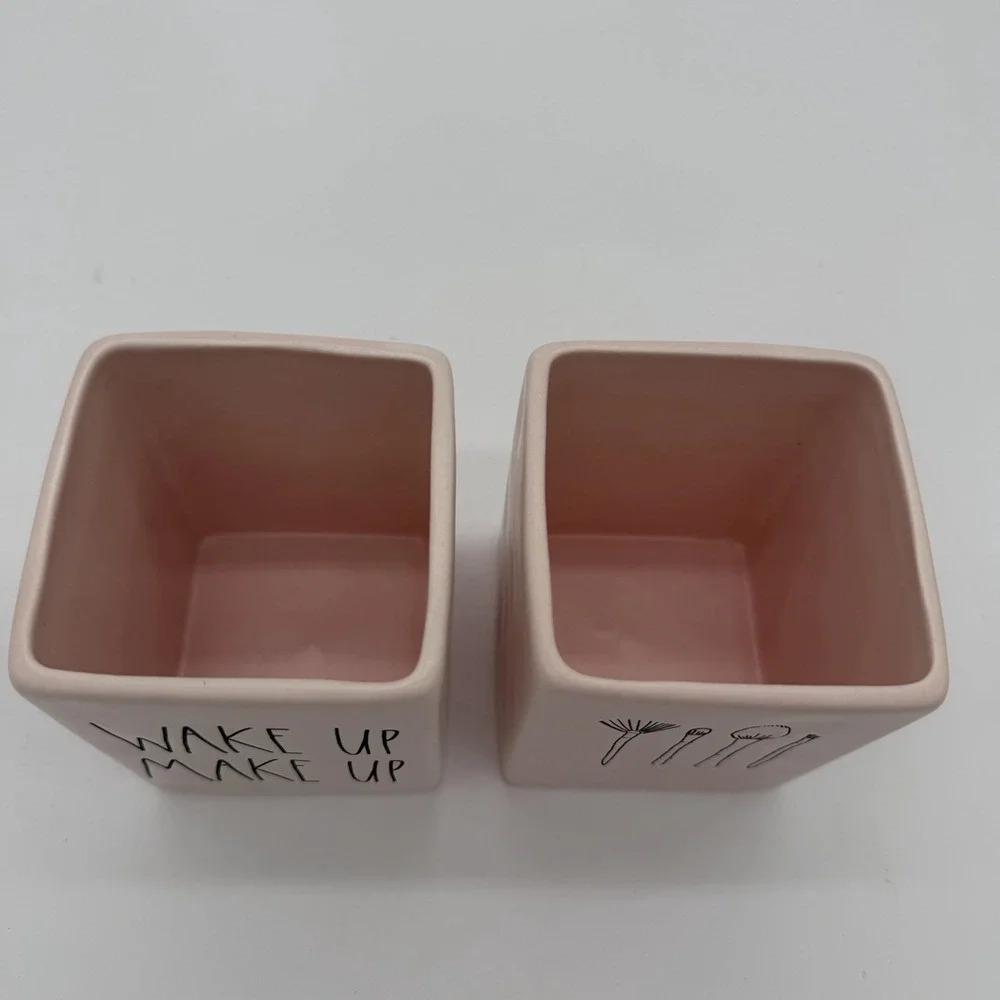 RAE DUNN WAKE UP MAKE UP Brush Holders Vanity BATH Bathroom 2PC Set NEW